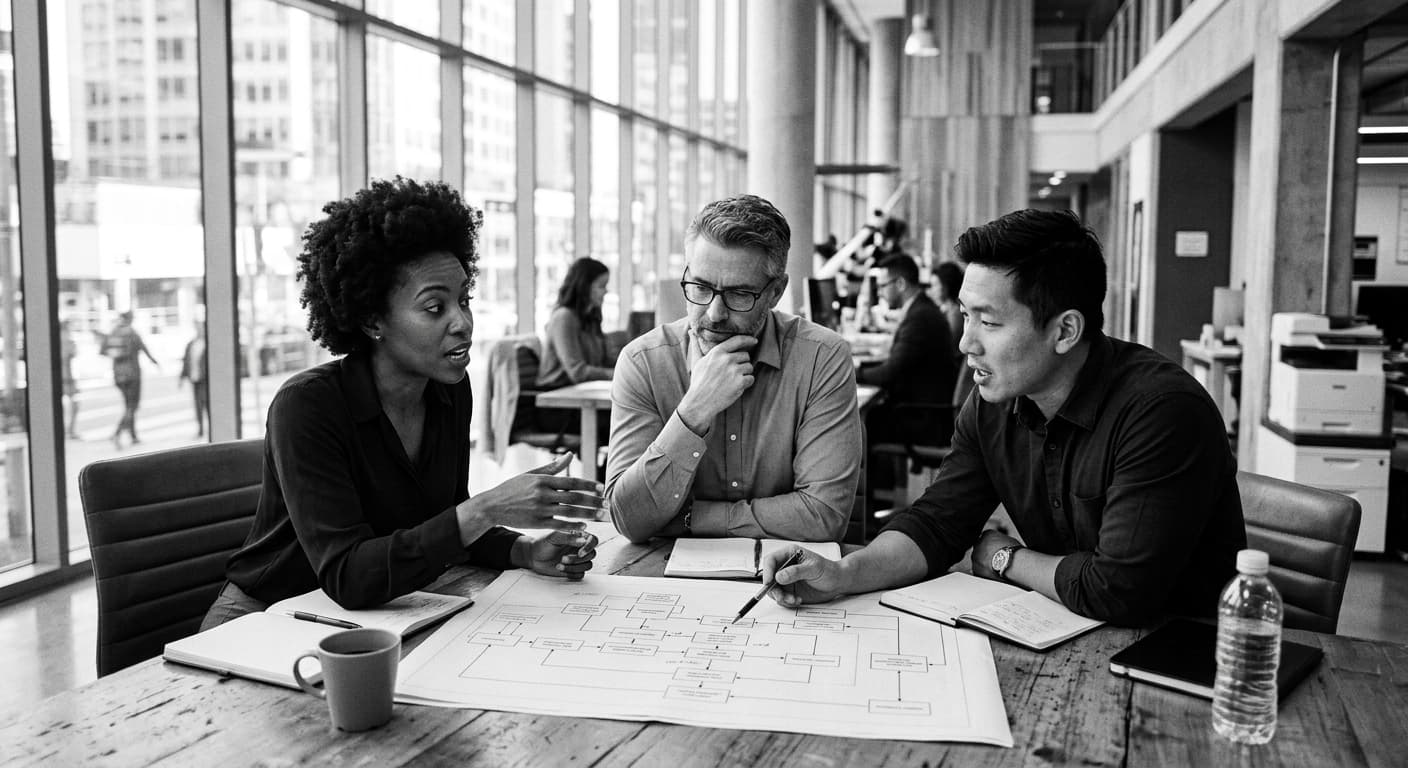 Team reviewing a workflow system